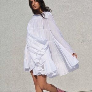 Merlette Soliman Mini Dress Cotton Tiered White Solid Flared Flowy XS